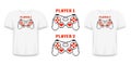 Couple t-shirt design with gamepad or joystick in pixel art style. Tee shirt for couple in love or friends with pixel text, heart